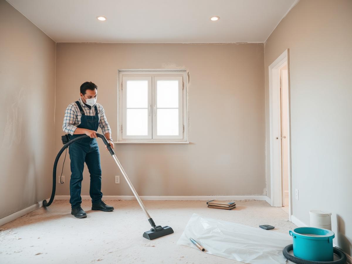 Worker vacuuming construction dust from a renovated room